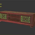 Wooden TV Stand With Decorative Geometric Patterns And Open Shelves For Electronics