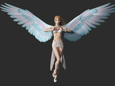 Woman with large blue white wings golden hair and elegant white outfit soaring 3d model