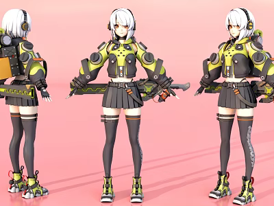 3D Game Movie Character In Yellow Black Mechanical Outfit With Headphones Short Skirt And Boots 3d model