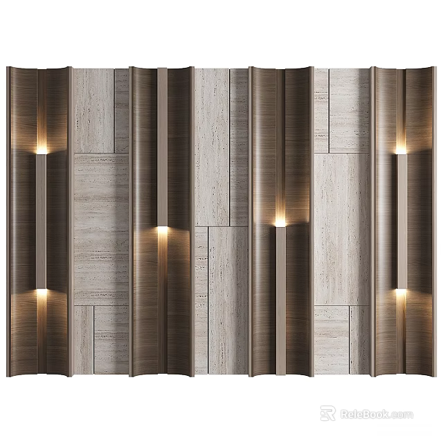 Modern Reception Background Wall With Wooden Vertical Striped Design And Embedded Lights 3d model