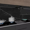 Modern Open Kitchen Interior With Gas Stove Cookware Range Hood And Cabinets