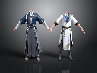 Men In Traditional Blue And White Robes With Belt Details And Long Sleeves 3d model