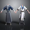Men In Traditional Blue And White Robes With Belt Details And Long Sleeves
