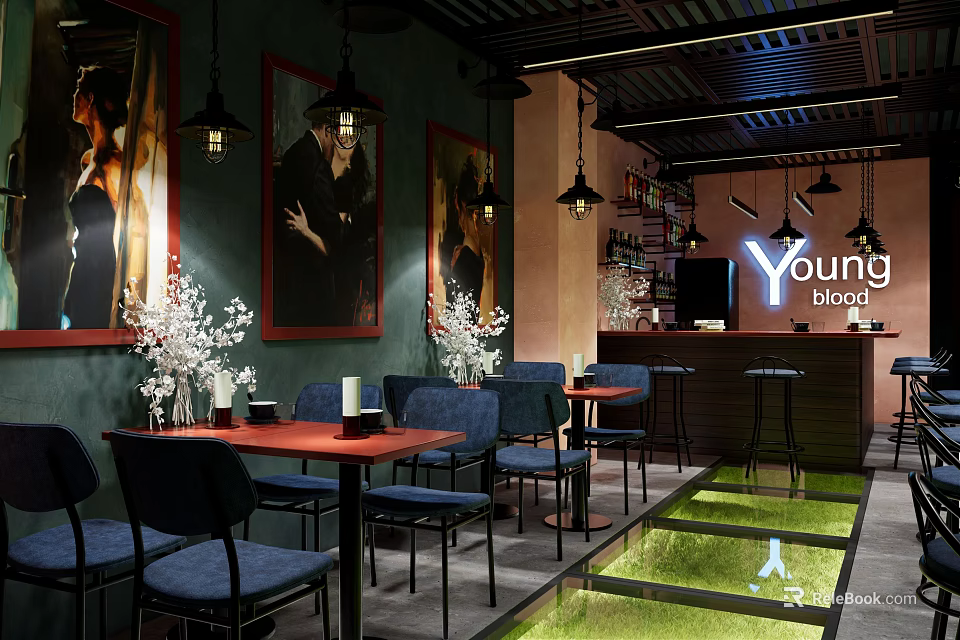 Young Blood Cafe Interior With Art Paintings Pendant Lights Blue Chairs And Green Floor Decor 3d model 