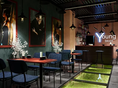Young Blood Cafe Interior With Art Paintings Pendant Lights Blue Chairs And Green Floor Decor 3d model