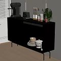 Modern Brown Wooden Sideboard With Metal Legs Cabinets Drawers Coffee Machine Bottles Cups And Plant
