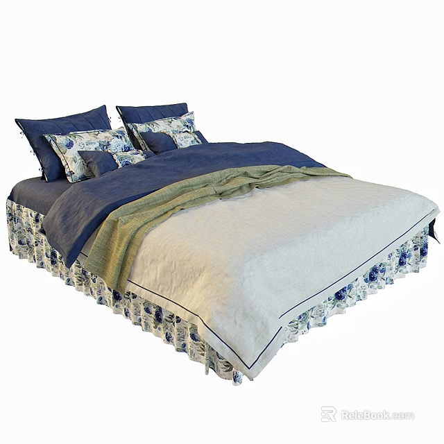 Double Bed With Blue And White Bedding Pillows Green Blanket And Patterned Bed Skirt 3d model