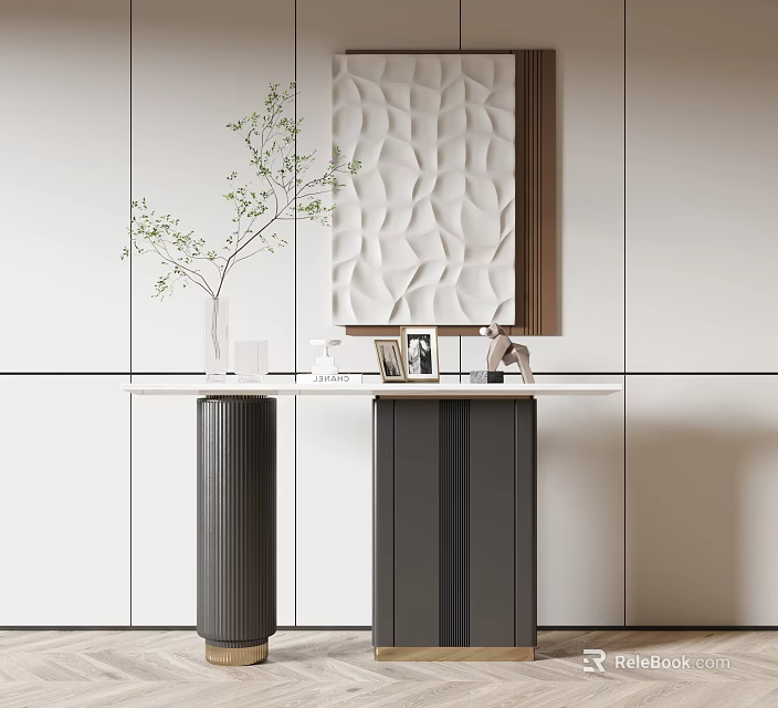 Modern Console Table With Potted Green Branch And Textured Wall Panel Decor 3d model