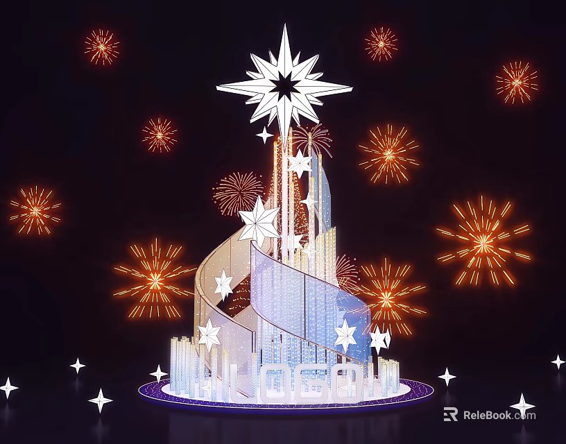 Stunning Night Photo Spot With Star Decoration Spiral Structure And Fireworks 3d model 
