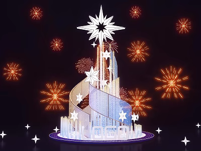 Stunning Night Photo Spot With Star Decoration Spiral Structure And Fireworks 3d model
