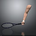 Prosthetic Arm Holding Tennis Racket On Gray Background With Reflection