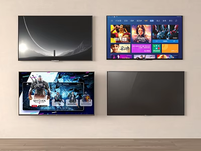 Multiple Black TVs Showing Smart Interface Game Content And Different Displays On Wall 3d model