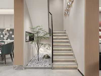 Modern Indoor Staircase Design With Green Plant Stone Decor And LED Lighting 3d model