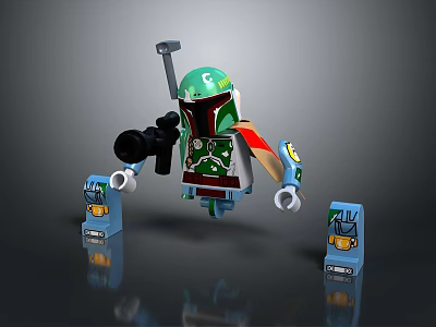 Lego Action Figure With Green Helmet Holding Weapon And Blue Display Stands 3d model