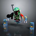 Lego Action Figure With Green Helmet Holding Weapon And Blue Display Stands
