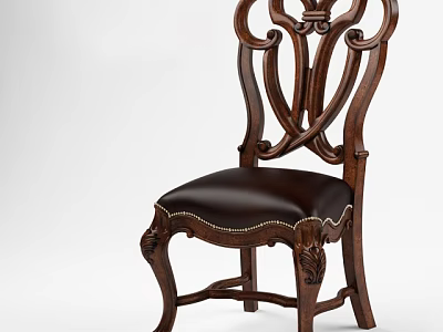 Classic Wooden Dining Chair With Ornate Carved Backrest And Leather Upholstered Seat 3d model