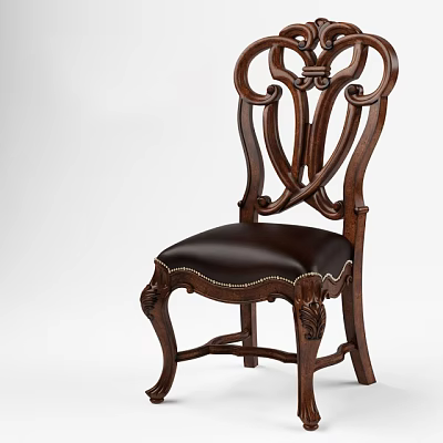 Classic Wooden Dining Chair With Ornate Carved Backrest And Leather Upholstered Seat 3d model