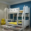 White Wooden Bunk Bed In Kids Room Featuring Yellow Bedding Blue Pillows And Storage Drawers