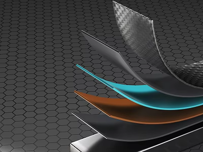 Modern Curved Layered Structure Featuring Black Blue Orange Thin Sheets On Hexagonal Grid Background 3d model