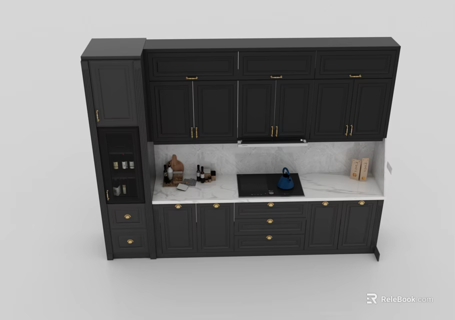 Black Kitchen Cabinets With Upper Lower Storage And Marble Countertop Kitchen Essentials 3d model