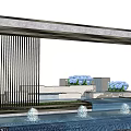 Modern Scenic Wall Design With Black Grilles Stone Surface Water Pool And Blue Flowers