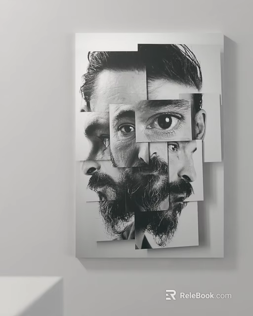 Black And White Collage Portrait Painting Featuring Square Panels With Eyes Beard And Side Profile 3d model 