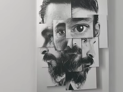 Black And White Collage Portrait Painting Featuring Square Panels With Eyes Beard And Side Profile 3d model