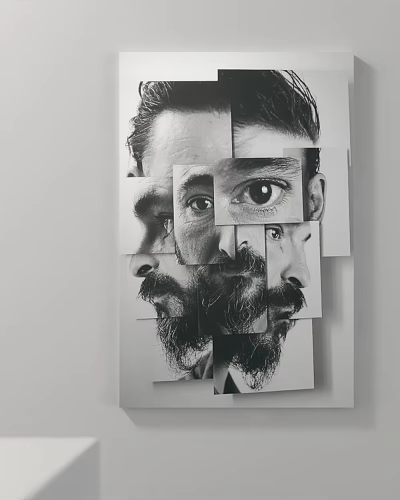Black And White Collage Portrait Painting Featuring Square Panels With Eyes Beard And Side Profile 3d model