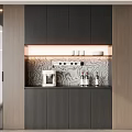 Modern Sideboard With LED Lighting Coffee Machine Patterned Backsplash And Wooden Cabinets 3d model