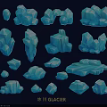 Blue Ice Crystal Rock Glacier Themed Wall Decor With Various 3D Shapes Design