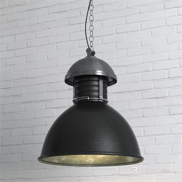 Industrial Black Metal Dome Pendant Light Design Against White Brick Wall 3d model 