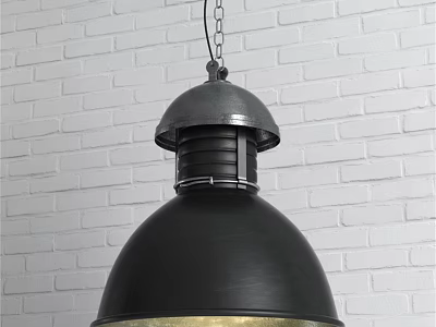 Industrial Black Metal Dome Pendant Light Design Against White Brick Wall 3d model