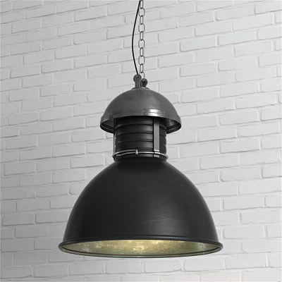Industrial Black Metal Dome Pendant Light Design Against White Brick Wall 3d model