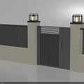 Modern Slatted Black Gate With Wall Pillars And Decorative Lights