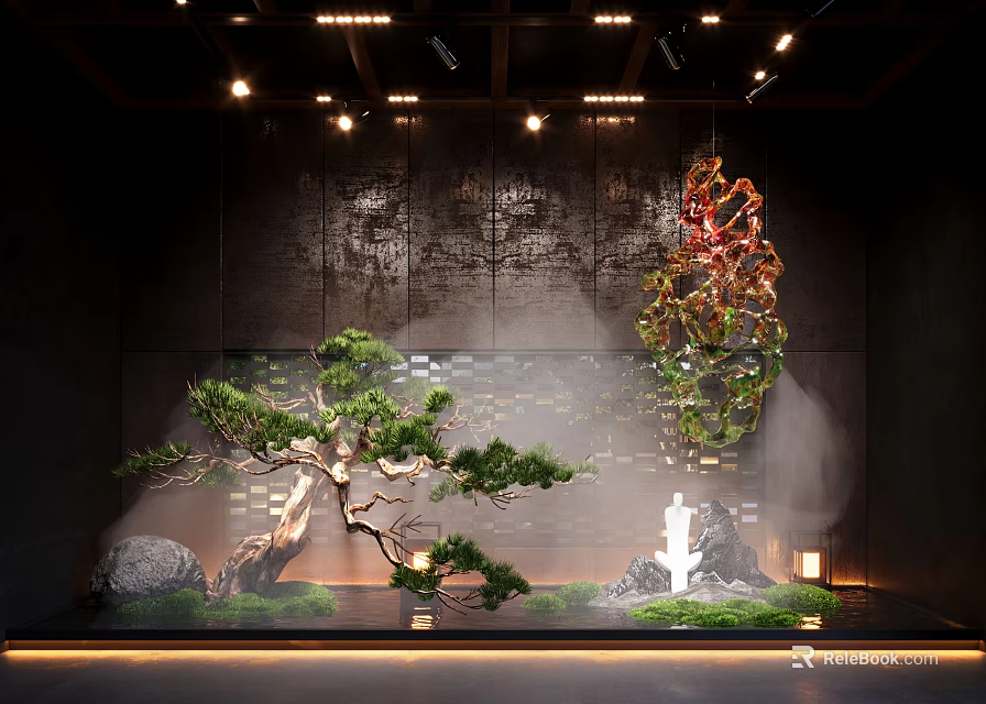 Indoor Landscape Design With Pine Tree Stones Mist Hanging Art And Warm Lighting 3d model 