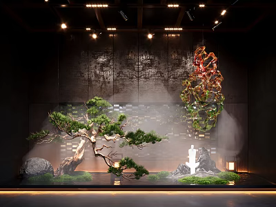 Indoor Landscape Design With Pine Tree Stones Mist Hanging Art And Warm Lighting 3d model