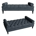 Dark Blue Tufted Ottoman With Rolled Arms And Black Wooden Legs