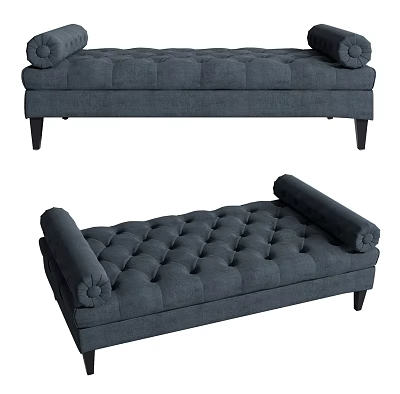 Dark Blue Tufted Ottoman With Rolled Arms And Black Wooden Legs 3d model