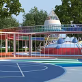 Colorful Outdoor Kids Playground With Slides Circular Areas Tower Structure And Green Trees