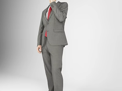 Man Wearing Gray Suit With Red Tie Standing Against Plain Background 3d model
