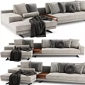 Light Gray Sectional Sofa with Multiple Patterned Pillows Wooden Side Table and Throw Blanket 3d model