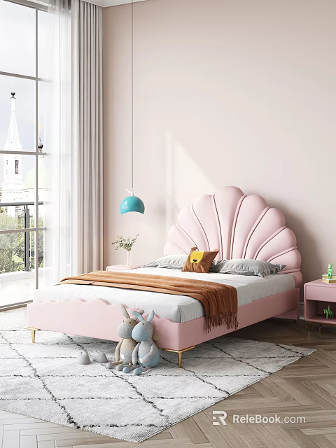 Cozy Pink Shell Shaped Headboard Kids Bed With Stuffed Toys And Blue Pendant Light 3d model 