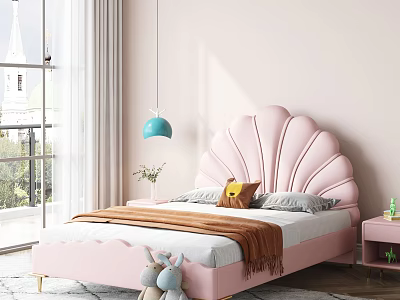 Cozy Pink Shell Shaped Headboard Kids Bed With Stuffed Toys And Blue Pendant Light 3d model