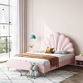 Cozy Pink Shell Shaped Headboard Kids Bed With Stuffed Toys And Blue Pendant Light
