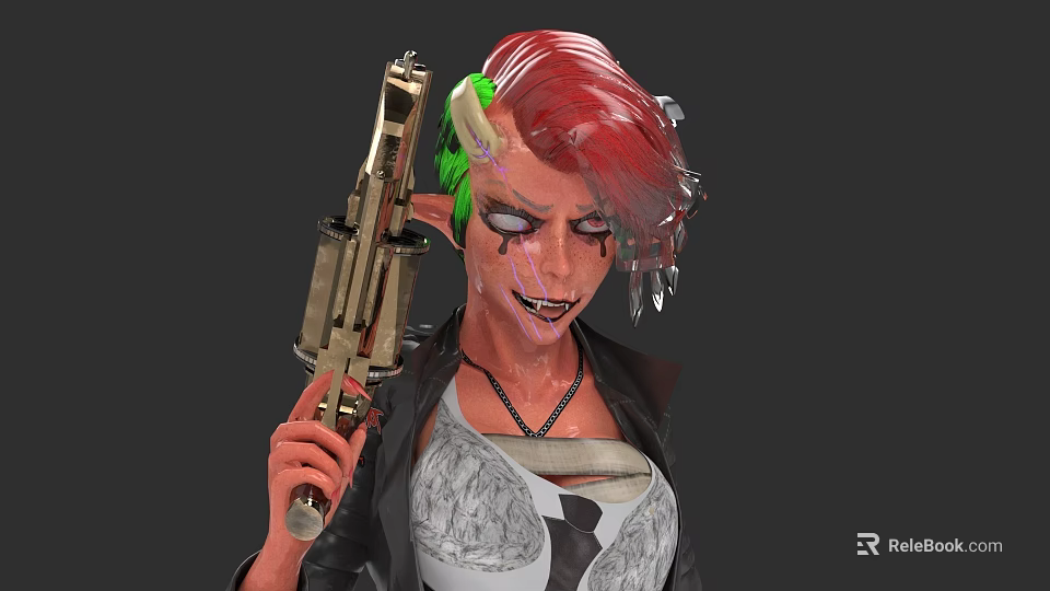 Woman With Red And Green Hair Holding Gun In Black Jacket And Torn Top 3d model 