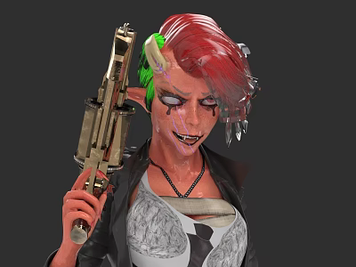 Woman With Red And Green Hair Holding Gun In Black Jacket And Torn Top 3d model