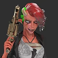Woman With Red And Green Hair Holding Gun In Black Jacket And Torn Top