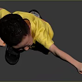 Man in Yellow T-Shirt and Red Pants Smiling While Extending Arm Against Black Background