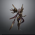 Fantasy Female Character With White Hair Golden Wings Purple Accented Armor And Sword
