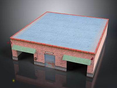 Cartoon Scene of Red Brick Building with Blue Roof Green Awnings and Roll up Door 3d model